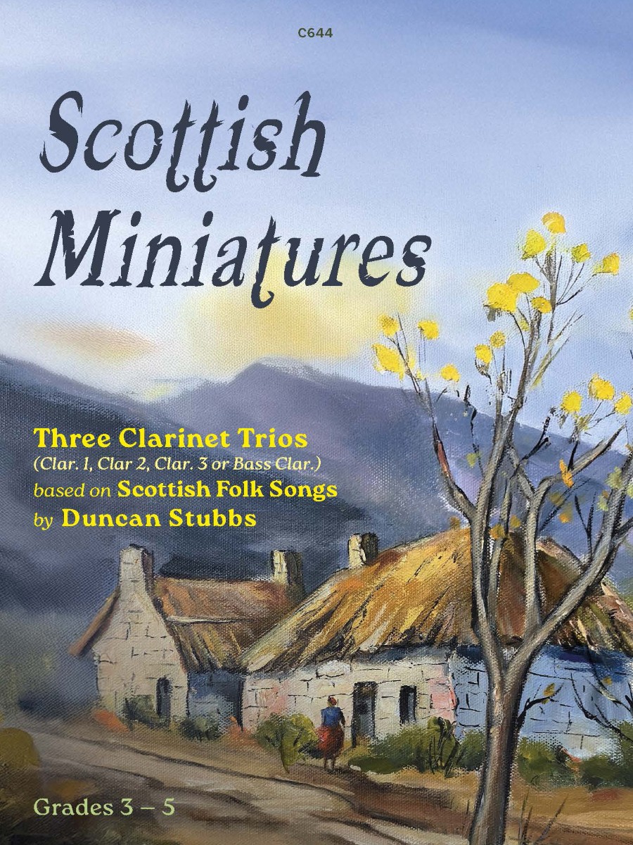 A book cover titled "Jazz-Folk Bassoon Trios" by Duncan Stubbs,published by Clifton Edition, featuring "Jazzy arrangements of English Folk Tunes." The cover image depicts a pastoral scene with a thatched-roof cottage, rolling hills, and a group of musicians playing instruments outdoors, with sheep grazing nearby.