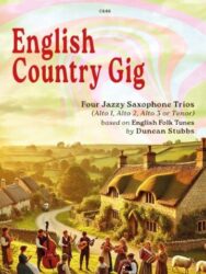 A book cover titled "Jazz-Folk Bassoon Trios" by Duncan Stubbs and published by Clifton Edition featuring "Jazzy arrangements of English Folk Tunes." The cover image depicts a pastoral scene with a thatched-roof cottage, rolling hills, and a group of musicians playing instruments outdoors, with sheep grazing nearby.