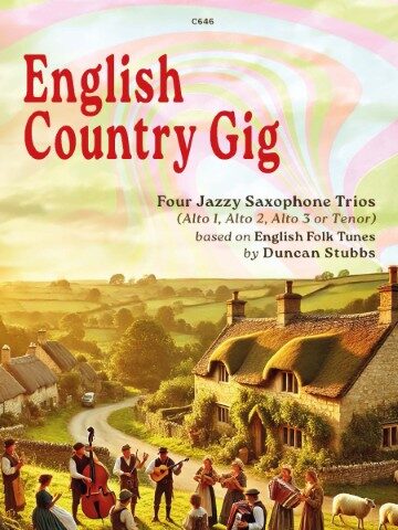 A book cover titled "Jazz-Folk Bassoon Trios" by Duncan Stubbs and published by Clifton Edition featuring "Jazzy arrangements of English Folk Tunes." The cover image depicts a pastoral scene with a thatched-roof cottage, rolling hills, and a group of musicians playing instruments outdoors, with sheep grazing nearby.