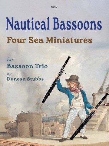 AI Overview Check important info. Learn more The image is a cover for a musical score titled "Nautical Bassoons: Four Sea Miniatures for Bassoon Trio" by Duncan Stubbs. It features a stylized illustration of a man in old-fashioned clothing, holding two bassoons, with a nautical backdrop including ships and cannons. The music consists of four medleys incorporating traditional sea shanties and tunes like "What Shall We Do With a Drunken Sailor?" and "Life on the Ocean Wave". The pieces are arranged for three bassoons, making it suitable for bassoon trios.