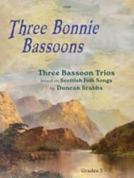 Cover of a sheet music book titled "Three Bonnie Bassoons." This book contains three bassoon trios based on Scottish folk songs, arranged by Duncan Stubbs, and is intended for players at grades 3-5. The cover art features a landscape painting of mountains and a body of water, likely representing the Scottish Highlands, which aligns with the "Scottish Folk Songs" theme of the music. The title and other text are written in a blue font that complements the landscape's color palette.