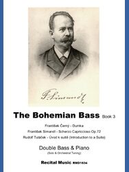 A black and white portrait of Simandl with his signature below it. Below the portrait, the text reads: The Bohemian Bass Book 3 František Černý - Dumka František Simandl - Scherzo Capriccioso Op.72 Rudolf Tuláček - Úvod k suitě (Introduction to a Suite) Double Bass & Piano (Solo & Orchestral Tuning) Recital Music RMD1634