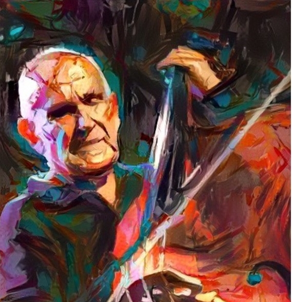 An abstract, colorful painting of composer Bertram Turetzky playing a double bass or a similar large string instrument, rendered in broad, expressive brushstrokes with vibrant hues of purple, blue, green, and orange