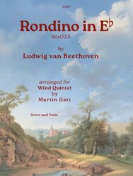 The image shows the cover of a musical score titled "Rondino in E♭," composed by Ludwig van Beethoven and arranged for wind quintet by Martin Gatt. The publisher is Clifton Edition and the catalogue number is C377. The text is overlaid on a picturesque landscape painting