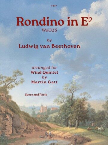 The image shows the cover of a musical score titled "Rondino in E♭," composed by Ludwig van Beethoven and arranged for wind quintet by Martin Gatt. The publisher is Clifton Edition and the catalogue number is C377. The text is overlaid on a picturesque landscape painting