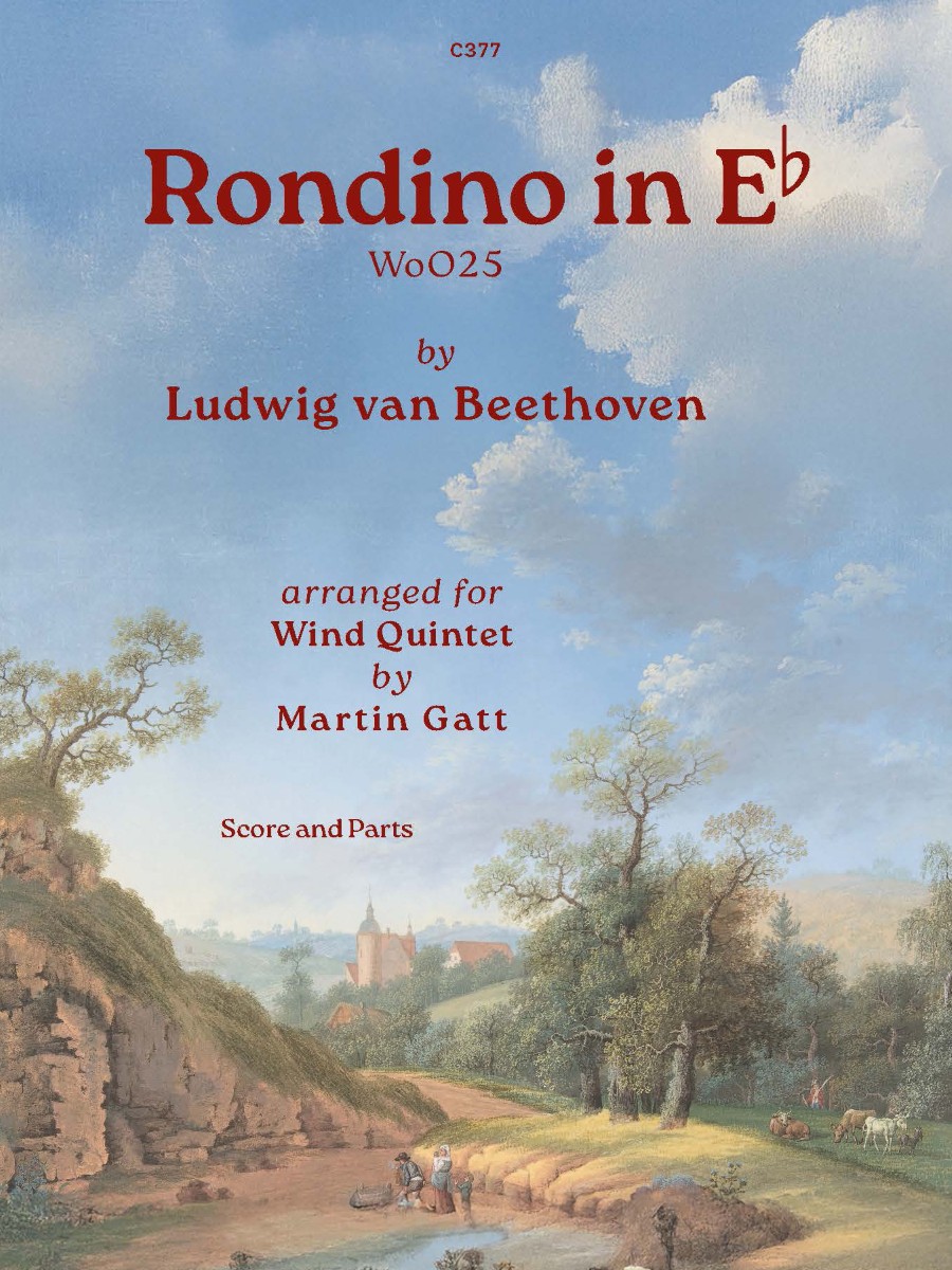 The image shows the cover of a musical score titled "Rondino in E♭," composed by Ludwig van Beethoven and arranged for wind quintet by Martin Gatt. The publisher is Clifton Edition and the catalogue number is C377. The text is overlaid on a picturesque landscape painting