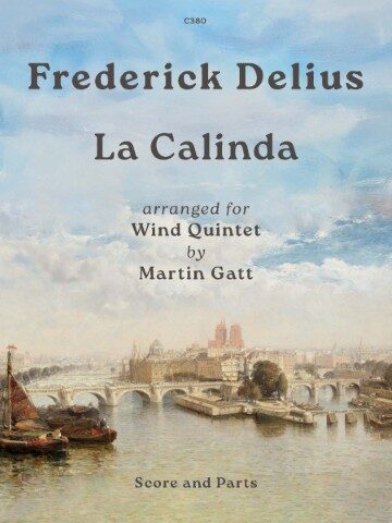 his image is a cover for the sheet music of "La Calinda" by Frederick Delius, arranged for wind quintet by Martin Gatt. The cover features a painting of a European city with a river, bridges, and boats. The title and composer's name are prominently displayed, along with the arrangement details and the phrase "Score and Parts." "La Calinda" is a well-known melody from Delius's opera "Koanga," which is set in Florida. The piece is often performed as a standalone orchestral work or in various arrangements for different ensembles. This particular arrangement by Martin Gatt is for wind quintet, a group that typically includes flute, oboe, clarinet, bassoon, and horn. The sheet music includes the score and individual parts for each instrument