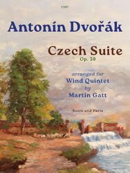 The image is a cover for a musical score of Antonín Dvořák's Czech Suite, Op. 39, arranged for wind quintet by Martin Gatt. The cover features a landscape painting with a tree on the left, a river with a small waterfall on the right, and a small flock of sheep in the middle ground. The text on the cover includes the composer's name, the title of the piece, the opus number, the arranger's name, and the phrase "Score and Parts."