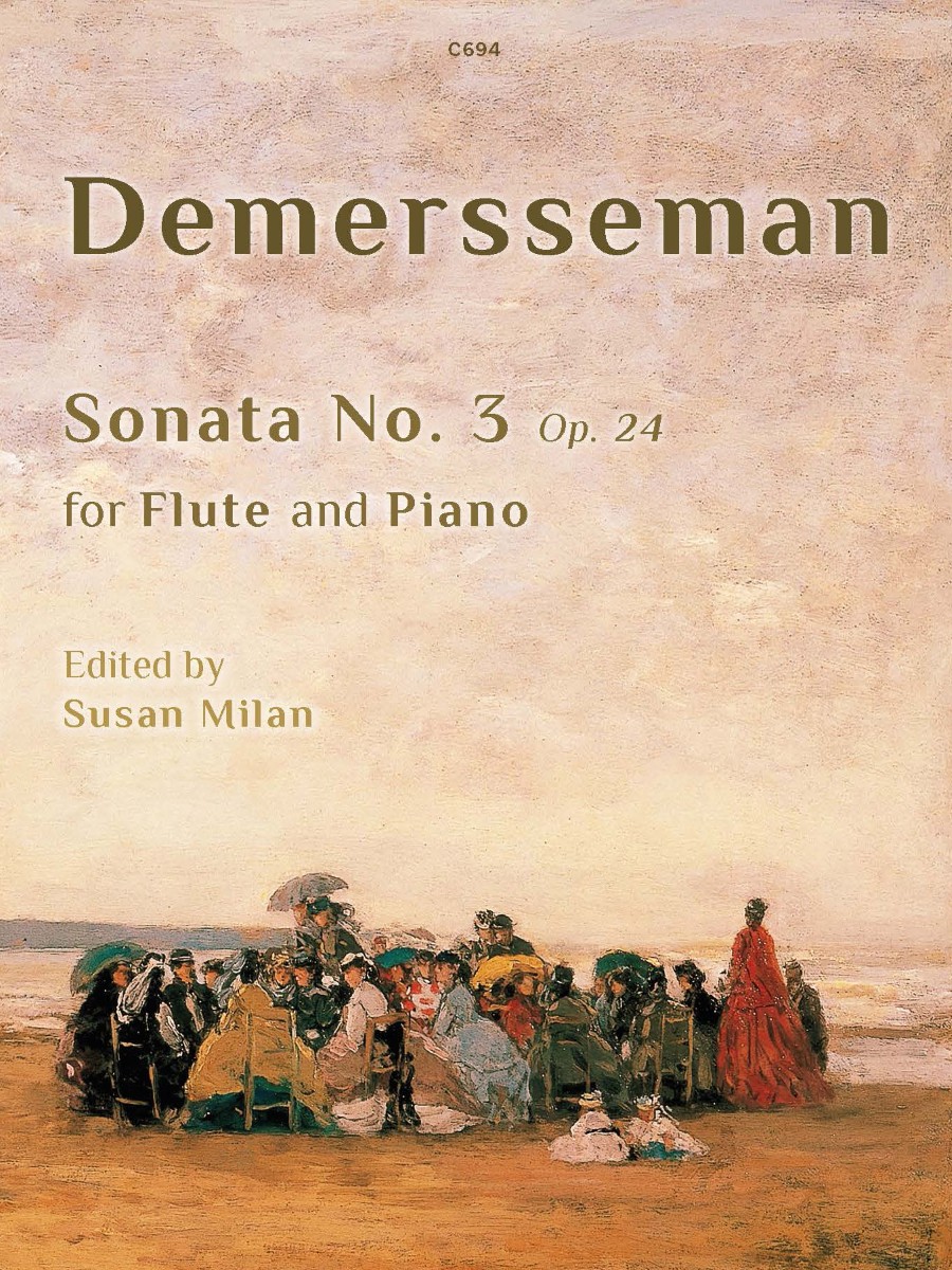 The image a painting depicting a group of people on a beach, inspired by a French 19th Century painting The Beach at Villerville (1864) by Eugene Boudin, used for a composition by Demersseman titled Sonata No. 3 Op. 24 for Flute and Piano edited by Susan Milan. The publisher is Clifton Edition and the number shown is C694.
