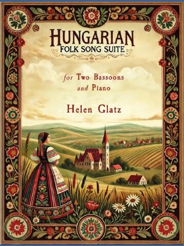 Image of a book cover titled "HUNGARIAN FOLK SONG SUITE for Two Bassoons and Piano by Helen Glatz." The cover features a colorful illustration of a woman in traditional Hungarian dress standing in a field with a village and rolling hills in the background, all framed by an ornate border with floral motifs