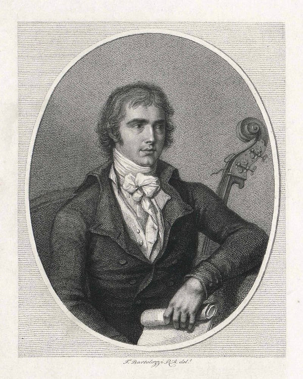 Portrait of Italian composer Domenico Dragonetti, showing the scroll of a double bass
