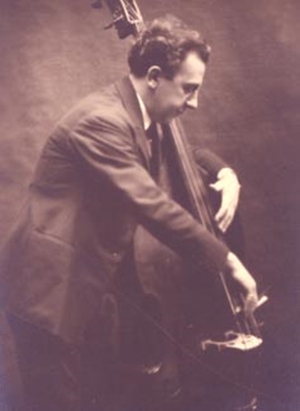 Portrait of French composer Edouard Nanny playing the double bass
