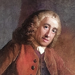 Portrait of German composer Franz Behr with a powdered wig and a reddish-brown coat.