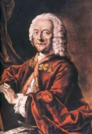 A portrait painting of German Baroque composer Georg Philipp Telemann wearing a white powdered wig and a red coat with a fur collar
