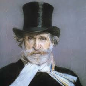 Portrait of Giuseppe Verdi, as an elderly man with a white beard and mustache, wearing a dark suit, white cravat, and a black top hat, painted by Giovanni Boldini.