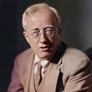 Black and white photographic image of English composer Gustav Holst