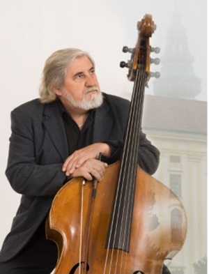 Photograph of composer Miloslav Gajdos with his double bass.
