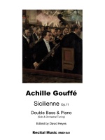 The image shows the cover of a music book titled "Transcription Series Book 4". It features portraits of four composers: Amy Beach, Karl Davidov, Antonín Dvořák, and Robert Schumann. The book is arranged by David Heyes for Double Bass & Piano and published by Recital Music under the code RMD1380.
