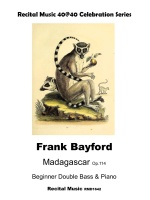 An image depicting a vintage illustration of two ring-tailed lemurs, one prominent in the foreground holding fruit, and another smaller one behind it. Above the illustration, the text reads "Recital Music 40@40 Celebration Series". Below the illustration, the text reads "Frank Bayford", "Madagascar Op.114", "Beginner Double Bass & Piano", and "Recital Music RMD1642"