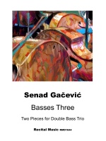 An abstract painting with warm tones of orange, brown, and blue, suggesting musical instruments or abstract shapes, above the following text: Senad Gačević Basses Three Two Pieces for Double Bass Trio Recital Music RMD1644
