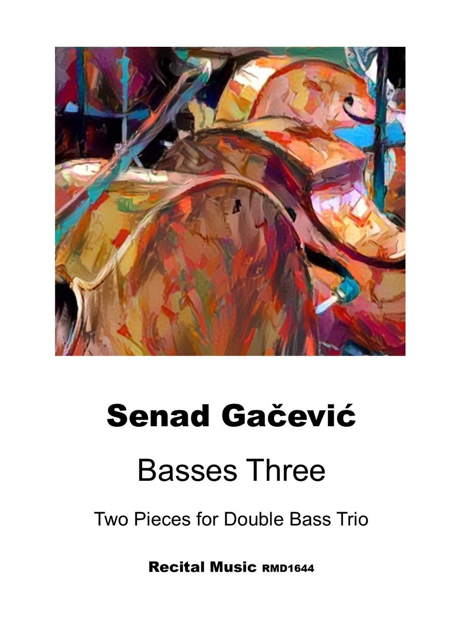 An abstract painting with warm tones of orange, brown, and blue, suggesting musical instruments or abstract shapes, above the following text: Senad Gačević Basses Three Two Pieces for Double Bass Trio Recital Music RMD1644