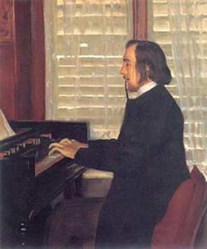 Portrait of French composer Erik Satie sitting at a harmonium. Painted by Santiago Rusinol