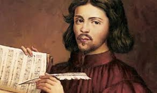 Portrait of Tudor English composer Thomas Tallis holding and manuscript and quill.