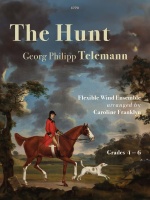 A painting depicting a man in a red hunting coat riding a brown horse, accompanied by a white dog, set against a backdrop of trees and a cloudy sky. The image also features text overlayed on the painting, including "The Hunt," "Georg Philipp Telemann," "Flexible Wind Ensemble arranged by Caroline Franklyn," and "Grades 4-6."
