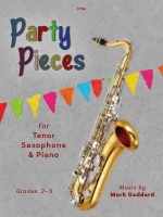 Cover of the sheet music book 'Party Pieces for Tenor Saxophone and Piano' Grades 2-5 by Mark Goddard. The cover features a colourful banner of triangular flags at the top and a pale lilac-grey background with a tenor saxophone prominently displayed. The title 'Party Pieces' is written in large, colourful, playful letters. Additional text includes 'C796' at the top, and 'Music by Mark Goddard' and 'Grades 2-5' at the bottom.