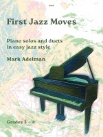 Image of a piece of sheet music: C815 First Jazz Moves Piano solos and duets in easy jazz style Mark Adelman Grades 3-4. The background is an abstract, textured background with swirls of light green, blue, and hints of pink and yellow, giving a painted or marbled effect.