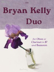 A watercolor illustration of a purple iris in a clear glass bottle against a purple and white background. Text on the image reads "C428 Bryan Kelly Duo for Oboe or Clarinet in Bb and Bassoon Newbery."