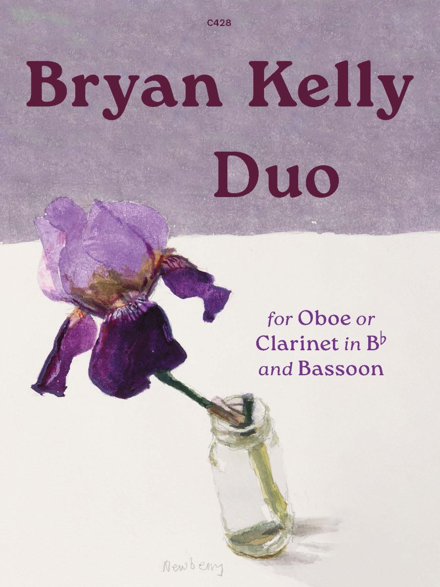A watercolor illustration of a purple iris in a clear glass bottle against a purple and white background. Text on the image reads "C428 Bryan Kelly Duo for Oboe or Clarinet in Bb and Bassoon Newbery."