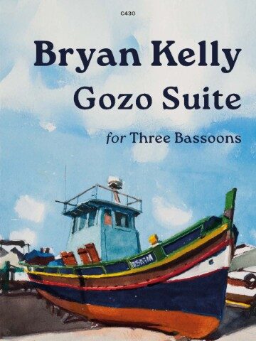 Picture of a small boat with a cabin for a piece of sheet music by Bryan Kelly called Gozo Suite for Three Bassoons. The number C430 is at the top center of the cover.