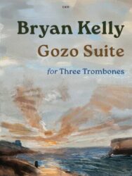 Sheet music titled "Bryan Kelly Gozo Suite for Three Trombones" with a C431 catalog number. The background features a painted seascape with a dramatic sky at sunset.