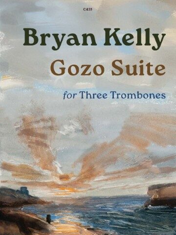 Sheet music titled "Bryan Kelly Gozo Suite for Three Trombones" with a C431 catalog number. The background features a painted seascape with a dramatic sky at sunset.