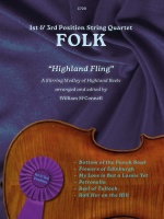 A book cover for "1st & 3rd Position String Quartet FOLK" subtitled "Highland Fling," a stirring medley of Highland Reels arranged and edited by William McConnell. The cover features a purple draped fabric on the top half and the body of a string instrument (likely a violin or viola) on the bottom half. A purple ribbon with "1st & 3rd Position" written on it is attached to the instrument. A list of included tunes is also visible: Bottom of the Punch Bowl Flowers of Edinburgh My Love is But a Lassie Yet Petronella Reel of Tulloch Roll Her on the Hill