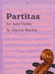 a music book titled "Partitas for Solo Violin by Jayson Mackie," featuring a purple background with faint musical notation and the scroll and tuning pegs of a violin in the lower right corner.