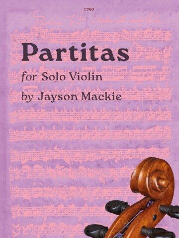 a music book titled "Partitas for Solo Violin by Jayson Mackie," featuring a purple background with faint musical notation and the scroll and tuning pegs of a violin in the lower right corner.