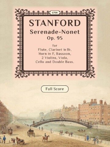 musical score for "STANFORD Serenade-Nonet Op. 95" for Flute, Clarinet in B♭, Horn in F, Bassoon, 2 Violins, Viola, Cello, and Double Bass. It is a "Score" and is labeled "Violin 1" at the top right. Below the title, there is an illustration of a city scene with a bridge over a body of water, featuring horse-drawn carriages and people.