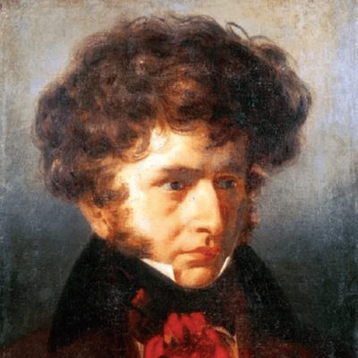 A portrait painting of Hector Berlioz by Emile Signon as a young man, featuring his distinctive curly, dark hair and sideburns, looking slightly to the right with a serious expression, wearing a dark jacket and a red accent on his chest.