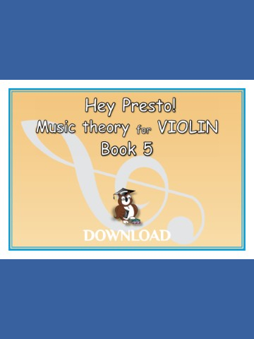 Cover of 'Hey Presto! Music theory for VIOLIN Book 5' featuring a cartoon owl wearing a graduation cap, sitting on books, with a large treble clef in the background. The text 'DOWNLOAD' is at the bottom." The main colour is peach.