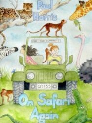 Watercolor illustration for 'On Safari Again' by Paul Harris, featuring a green jeep with two children inside, surrounded by various safari animals including a cheetah, monkeys, a giraffe, a zebra, an ostrich, and a crocodile. The text 'Paul Harris', 'FOR TWO CLARINETS', 'QT155', and 'On Safari Again' are visible on the image".
