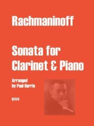 Cover art for "Rachmaninoff Sonata for Clarinet & Piano," arranged by Paul Harris. The image features a portrait of Sergei Rachmaninoff in the lower right corner and the catalog number QT174 in the lower left.