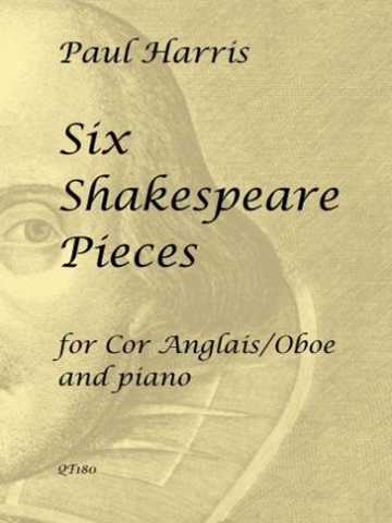 image for the cover of a piece of music by Paul Harris: Six Shakespeare Pieces for Cor Anglais/Oboe and piano. QT180. The background of the image features a close-up, partial view of a classical bust or statue of William Shakespeare. The visible features include an eye, part of a forehead, and a hint of the nose, rendered in a muted, sepia-toned palette. This visual element serves as a thematic backdrop for the sheet music title , reinforcing the subject matter of the musical composition