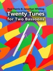 Cover of "Twenty Tunes for Two Bassoons" by Paul Harris & Jonathan Whiting. The background features a colorful, abstract pattern of red, orange, yellow, green, and purple shapes. Two white bassoons are depicted diagonally across the center of the cover. Text on the cover reads: "Paul Harris & Jonathan Whiting", "Twenty Tunes for Two Bassoons", and "QT201"