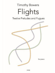 Cover of the sheet music book 'Flights: Twelve Preludes and Fugues for piano' by Timothy Bowers, featuring abstract wavy lines in yellow, purple, and green on a white background, with the publisher's code QT222 at the bottom.
