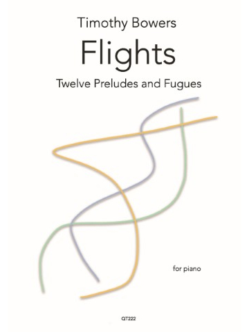 Cover of the sheet music book 'Flights: Twelve Preludes and Fugues for piano' by Timothy Bowers, featuring abstract wavy lines in yellow, purple, and green on a white background, with the publisher's code QT222 at the bottom.