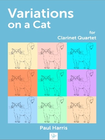 Cover of the sheet music titled 'Variations on a Cat for Clarinet Quartet' by Paul Harris, featuring nine stylized line drawings of cats in different colored squares on a blue background.