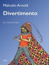 Image of a sheet music cover for "Divertimento for Clarinet Duo" by Malcolm Arnold. The cover features an illustration of a harlequin-like figure playing a flute, wearing a colorful, patterned cloak and a hooded costume with antennae. The title "Divertimento" is prominently displayed in large white letters, with "Malcolm Arnold" above it and "for Clarinet Duo" below. The publisher's code "QT25" is in the bottom left corner. The background is a solid blue.