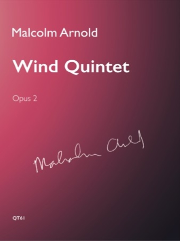 Malcolm Arnold Wind Quintet Opus 2 QT61and Malcolm Arnold's signatureThe background colour is predominantly dark burgundy.